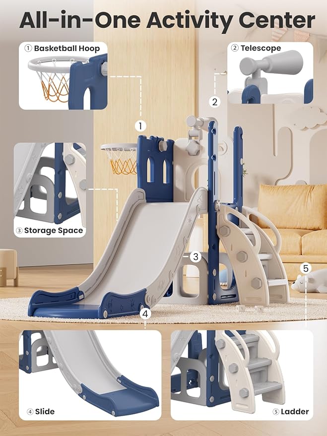 Kids Slide Playset with Basketball Hoop & Telescope, Indoor Outdoor Toddler Slide and Climber