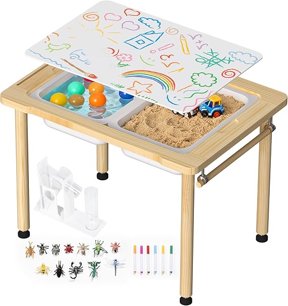 Wooden Sensory Table, Indoor Activity Desk with 2 Storage Boxes, Colorful Pens, Animal Toys, Water & Sand Play Table for Kids, Adjustable Height