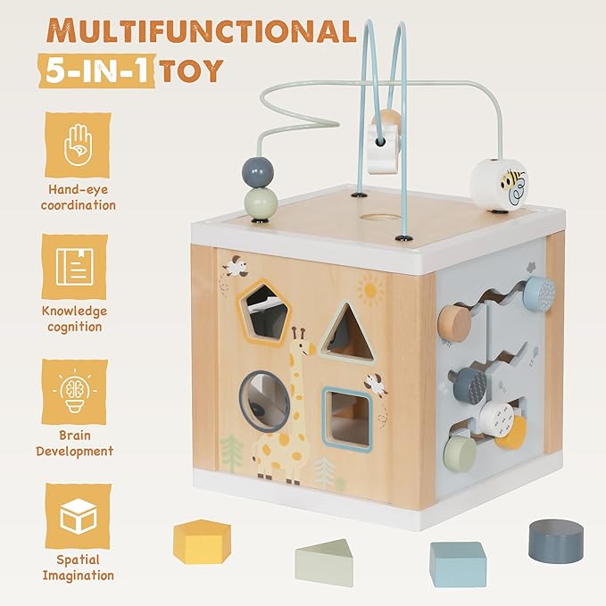 Wooden Activity Cube, 6-in-1 Montessori Toys for 1+ Year Old