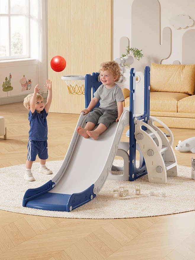 Kids Slide Playset with Basketball Hoop & Telescope, Indoor Outdoor Toddler Slide and Climber
