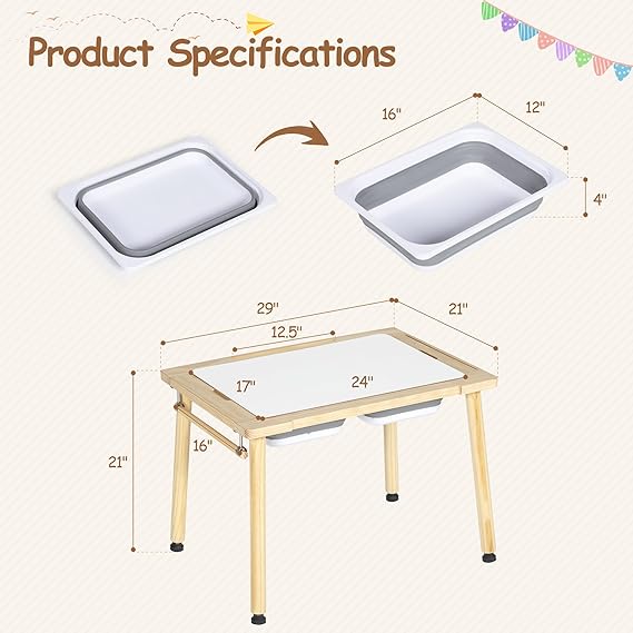 Wooden Sensory Table, Indoor Activity Desk with 2 Storage Boxes, Colorful Pens, Animal Toys, Water & Sand Play Table for Kids, Adjustable Height