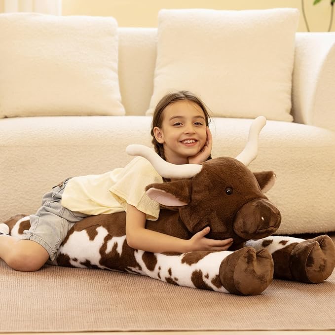 Giant Longhorn Cow Stuffed Animal, Hugging Fluffy Stuffed Cow Plush Body Pillow