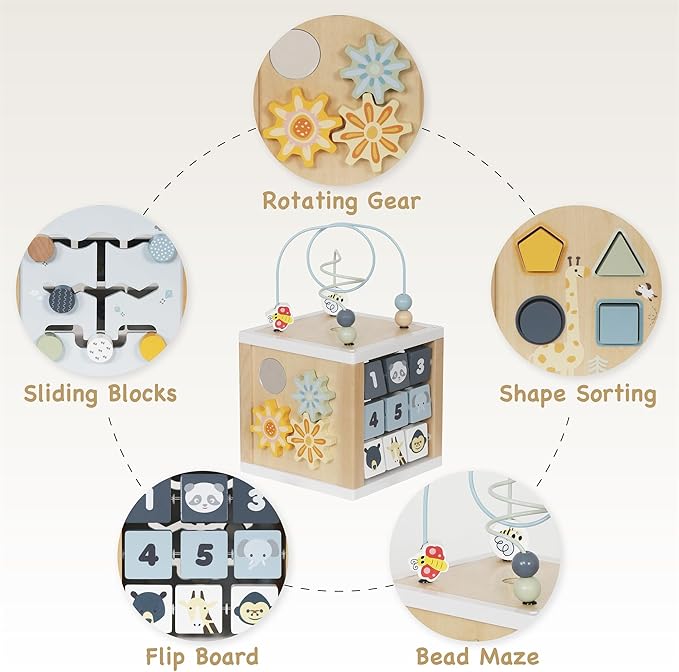 Wooden Activity Cube, 6-in-1 Montessori Toys for 1+ Year Old