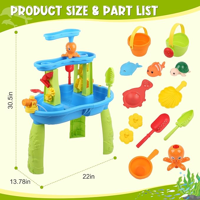 Toddler Sand Water Table Toy, Summer Outdoor Beach Sensory Activity Playset and Water Table Toys