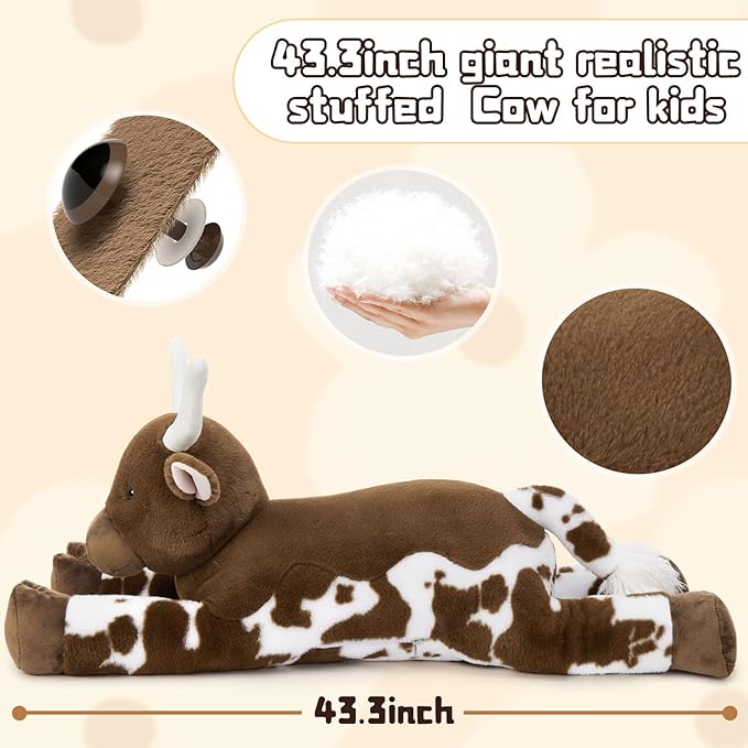 Giant Longhorn Cow Stuffed Animal, Hugging Fluffy Stuffed Cow Plush Body Pillow