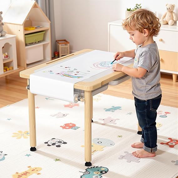 Wooden Sensory Table, Indoor Activity Desk with 2 Storage Boxes, Colorful Pens, Animal Toys, Water & Sand Play Table for Kids, Adjustable Height