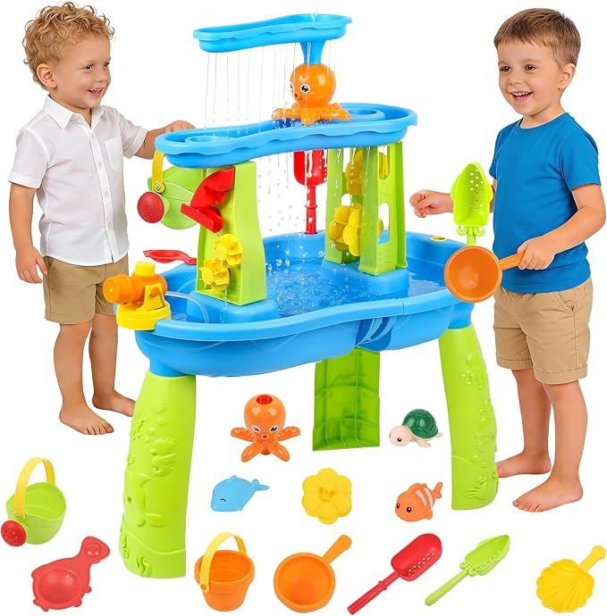 Toddler Sand Water Table Toy, Summer Outdoor Beach Sensory Activity Playset and Water Table Toys