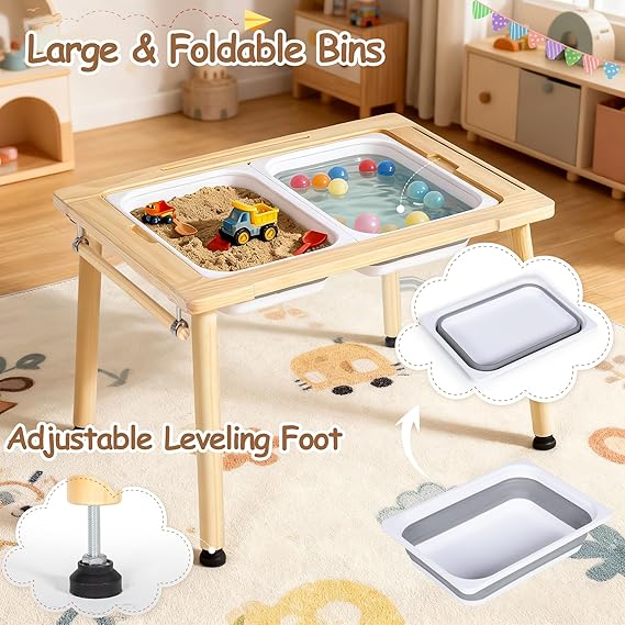 Wooden Sensory Table, Indoor Activity Desk with 2 Storage Boxes, Colorful Pens, Animal Toys, Water & Sand Play Table for Kids, Adjustable Height