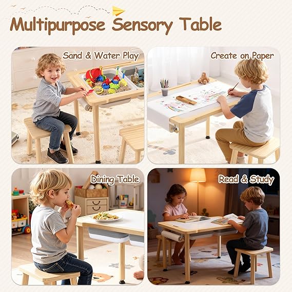 Wooden Sensory Table, Indoor Activity Desk with 2 Storage Boxes, Colorful Pens, Animal Toys, Water & Sand Play Table for Kids, Adjustable Height